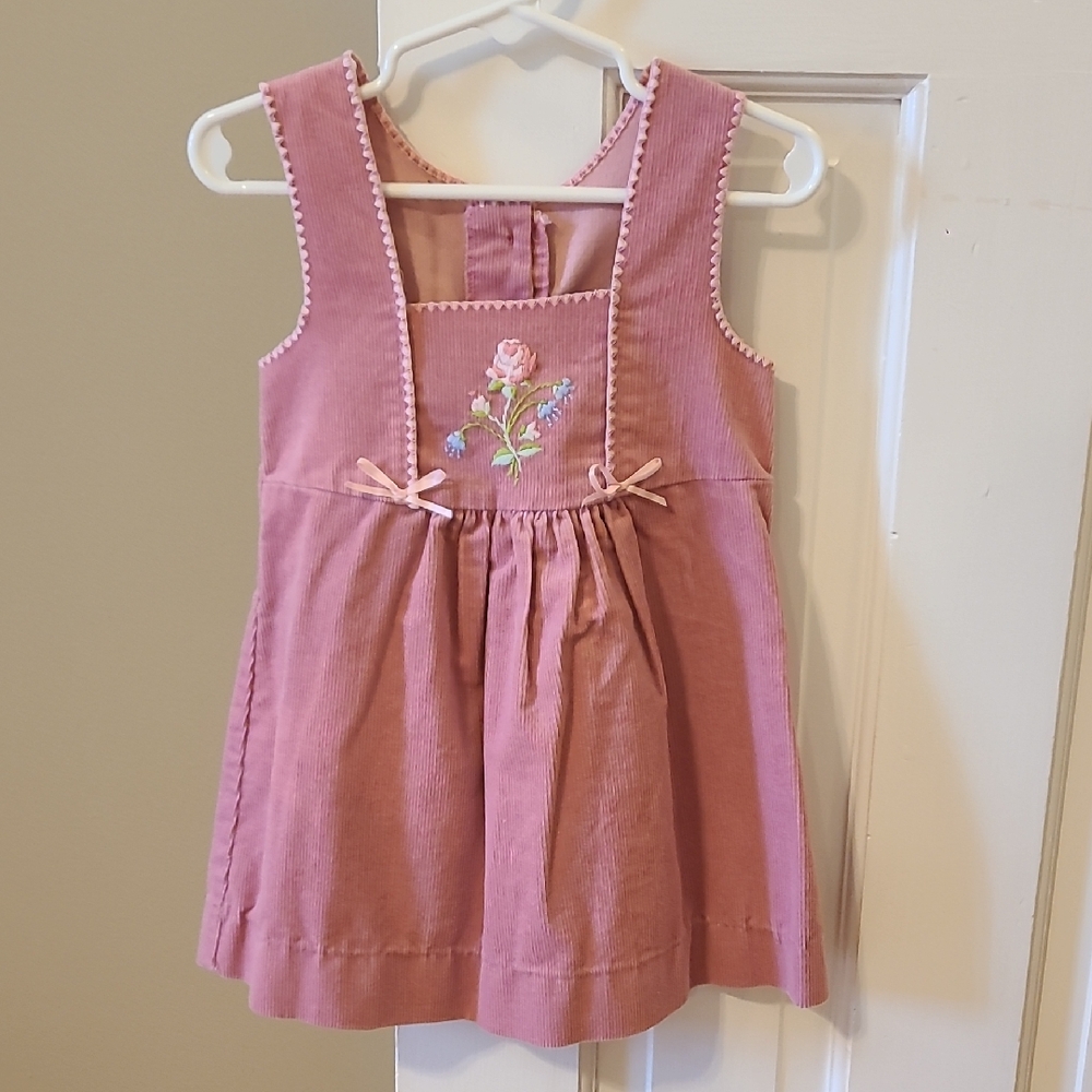 Vintage 1960s Carter's Pink Corduroy Pinafore with Floral Embroidery